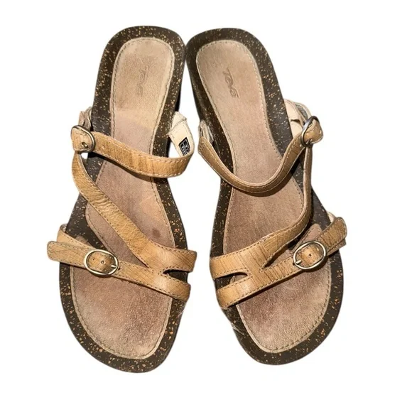 Teva Brown leather Strappy Wedge Sandals, slip on, women’s 8 - Picture 2 of 12